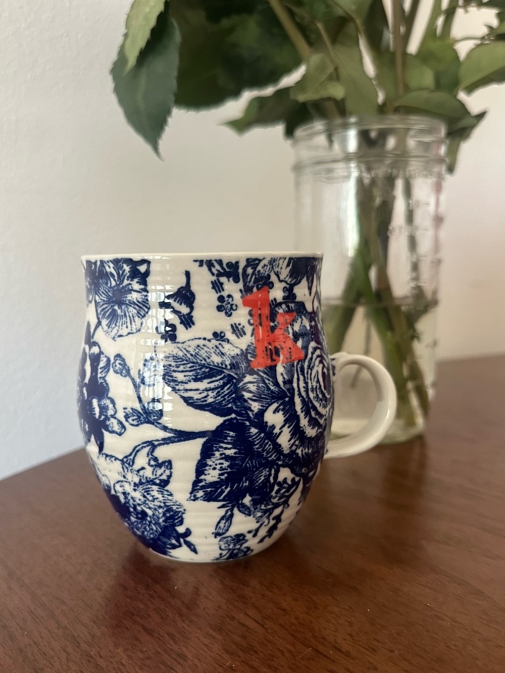 Anthropology “K” blue patterned Mug
